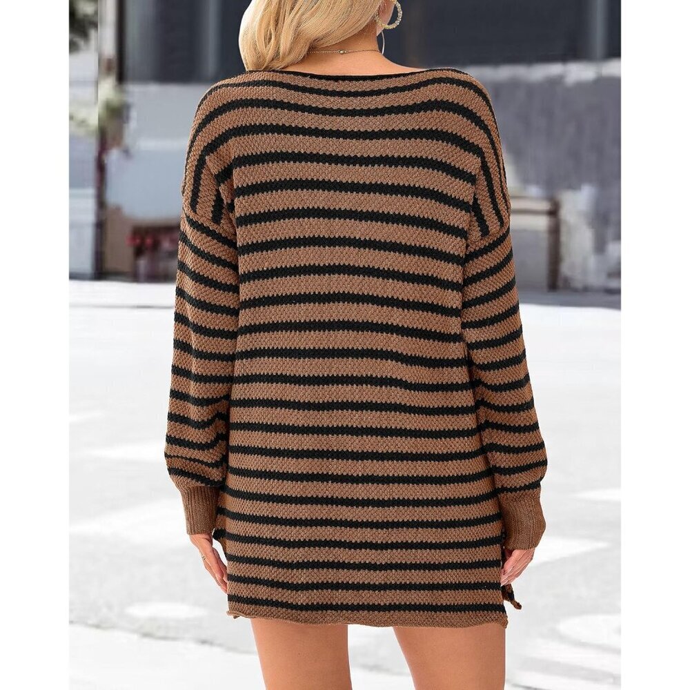 Women's Oversized Striped Sweater Long Sleeve Crewneck Side Split Knit Top - Picture 5 of 7
